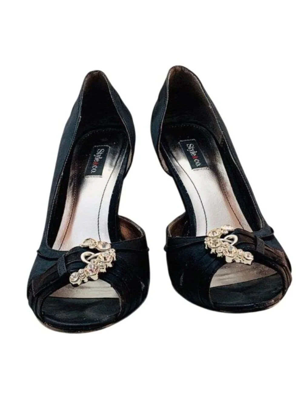 Style & Co Black Satin Peep Toe Heels With Rhinestone Embellishment